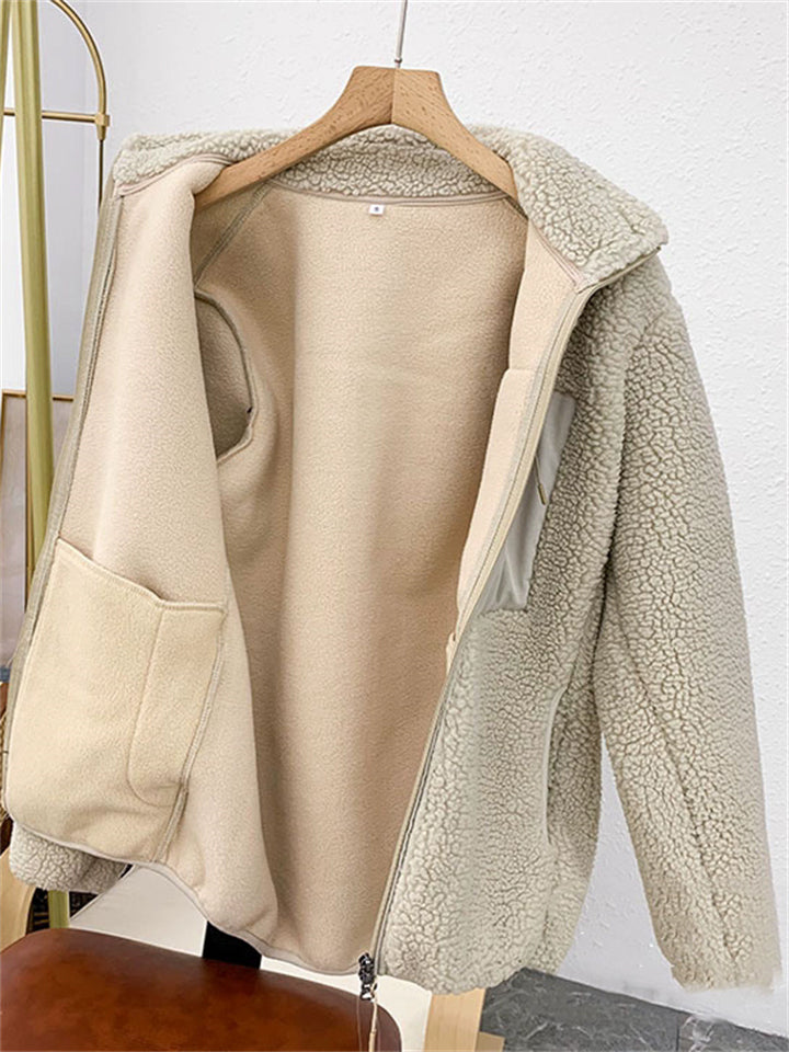 Unisex  Autumn Contrast Color Fleeced Long Sleeve High Neck Coat