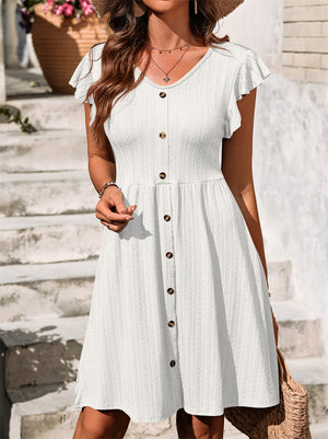 Women's Solid Color V Neck Button Pullover Short Sleeve Dress