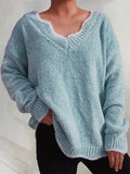 Women's Contrast Trim V Neck Pullover Long Sleeve Sweater