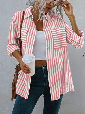 Women's Summer Holiday Striped Button Lapel Blouse