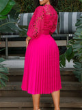 Women's Lace hollow Pleated Midi Dress With Belt