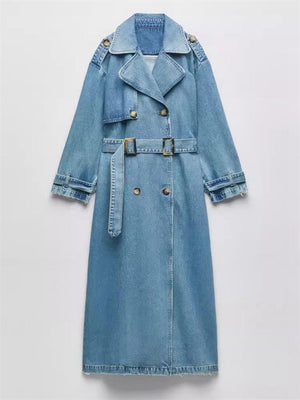 Women's Fashion Double Breasted Denim Trench Coat with Belt