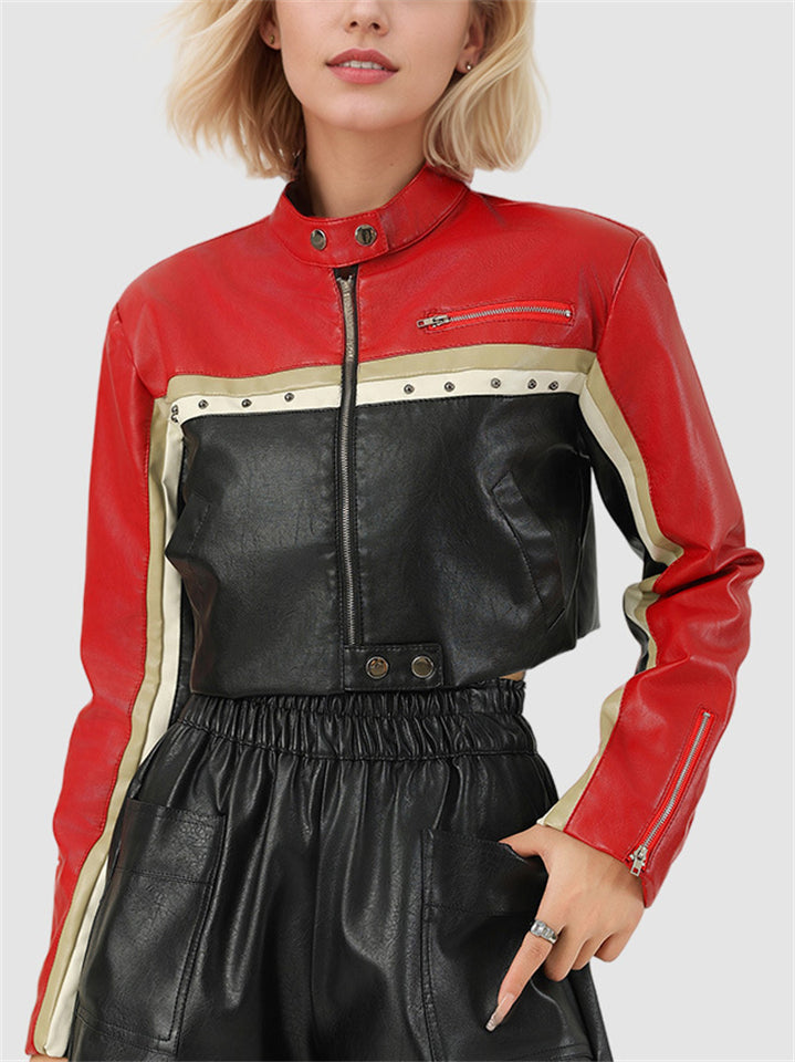 Women's Trendy Contrast Color Crop Motorcycle PU Coat