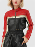 Women's Trendy Contrast Color Crop Motorcycle PU Coat