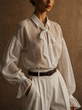 Womens Sheer Bow Tie Puff Sleeve Textured Button Up Blouse