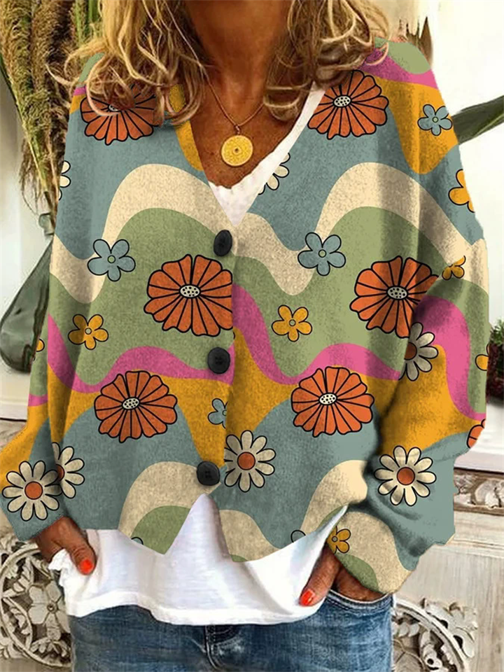 Women's Autumn Flower Print Button Up V Neck Cardigan Sweaters