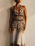 Women Sexy Leopard Print Halter Neck Top Maxi Dress