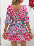 Women's Boho Holiday Style Print V Neck Mini Dress