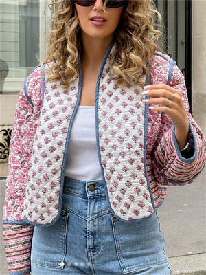 Vintage Pink Paisley Print Cardigan Padded Coat for Lady