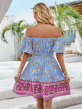 Bohemian Off Shoulder Puff Sleeve Print Beach Dress for Lady