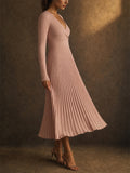 Women Elegant Wrap Ribbed Knit Long Sleeve Pleated Midi Dress