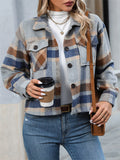 Women's Causal Contrast Color Plaid Pockets Waist Length Coat