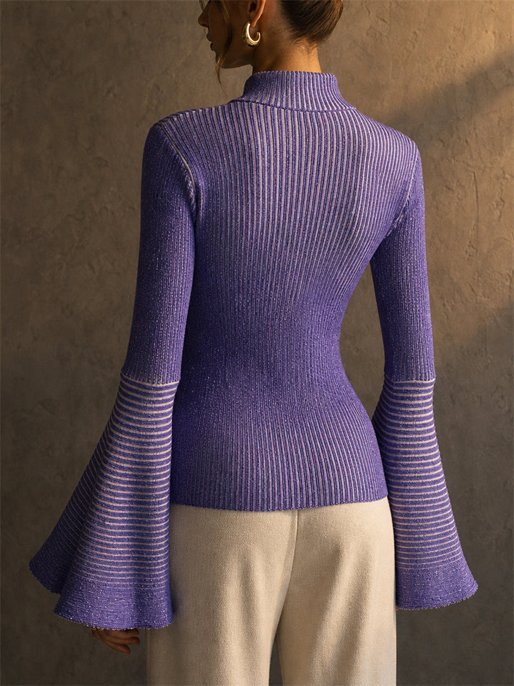 Womens Stylish Slim Fit Mock Neck Bell Sleeve Ribbed Knit Top