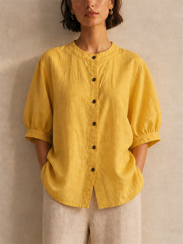 Women Linen Blend Puff Sleeve Button Down Summer Blouse