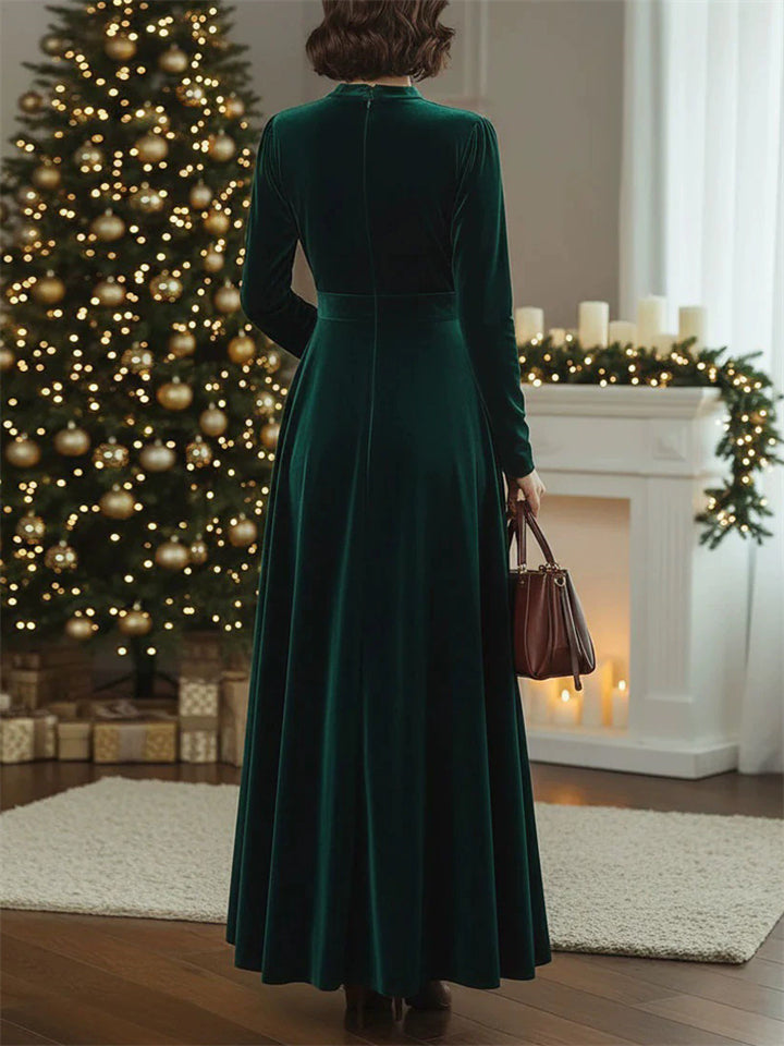 ‌Autumn Green Velvet Round Neck High Waist Long Dress for Women