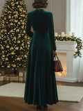 ‌Autumn Green Velvet Round Neck High Waist Long Dress for Women