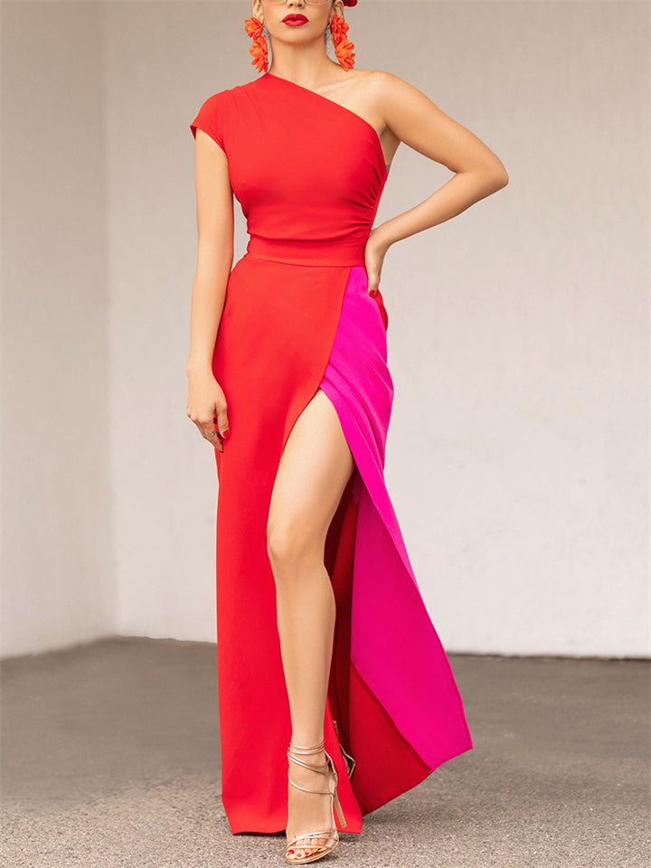 Women's Contrast Color One-Shoulder Floor Length Dress