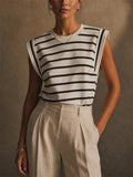Women Summer Nautical Style Striped Shoulder Pad Muscle Tank Top