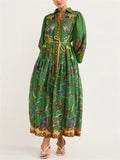 Women's Vintage Print Lantern Sleeve Button Up Green Long Dress