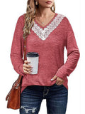 Women's Elegant White Lace V Neck  Solid Color Long Sleeve Shirt