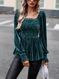 Ladies Puff Long Sleeve Square-neck Velvet Shirt