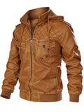 Winter Faux Leather Rhombic Pattern Zip Up Motorcycle Bomber Jacket with Hood