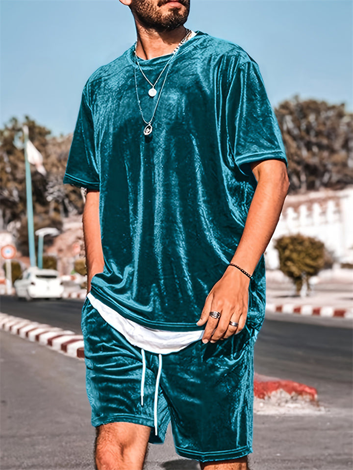 Men's Summer Short Sleeved Drawstring Velvet Set for Men