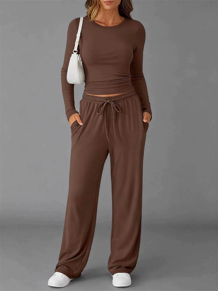 Women's Comfy Sporty Autumn Round Neck Long Sleeve Top and Drawstring Pants Set