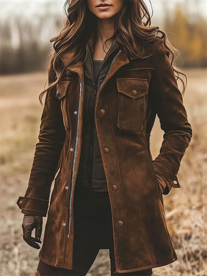 ‌Women's Autumn Brown Faux Suede Vintage Style Jacket‌ with Pockets