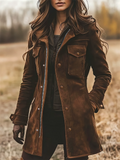 ‌Women's Autumn Brown Faux Suede Vintage Style Jacket‌ with Pockets