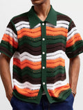Male's Summer Retro Contrast Color Striped Crochet Lapel Knitted Shirts