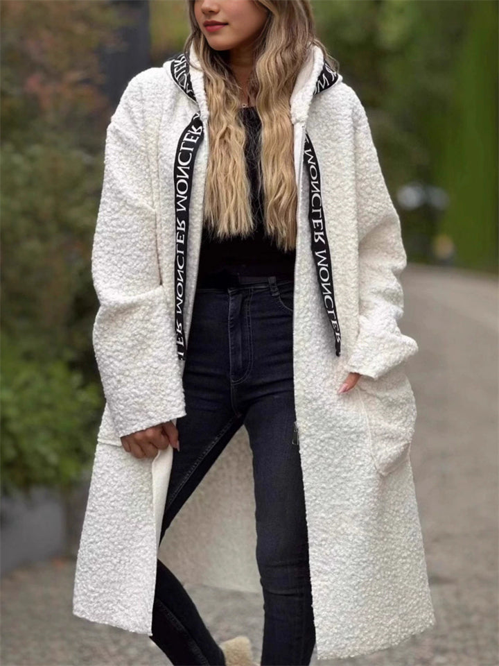 Women's Fleece Letters Patchwork Hooded Coat with Pockets