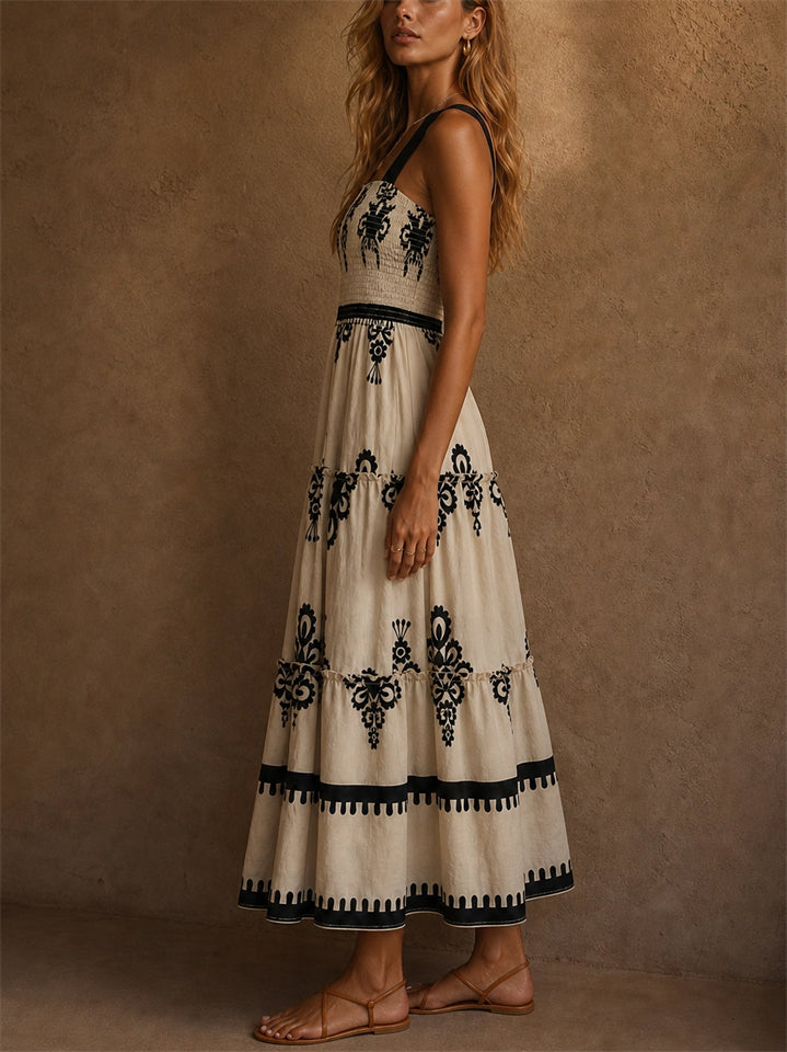 Womens Holiday Style Boho Print Smocked Tiered Summer Maxi Dress