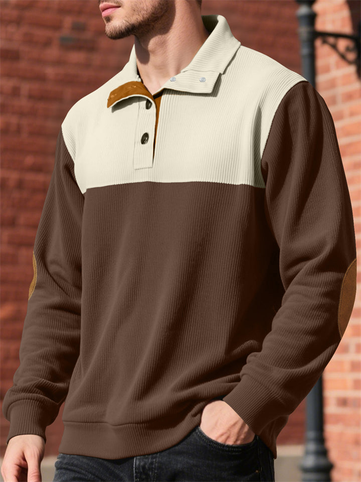Men's Contrast Color Corduroy Button Up Sweatshirt with Elbow Patches