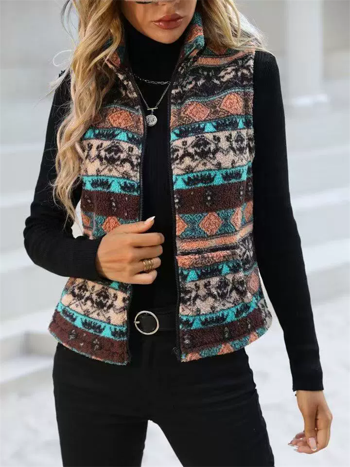 Women's Autumn Ethnic Style Printed Zip Up Cardigan Vest Jackets