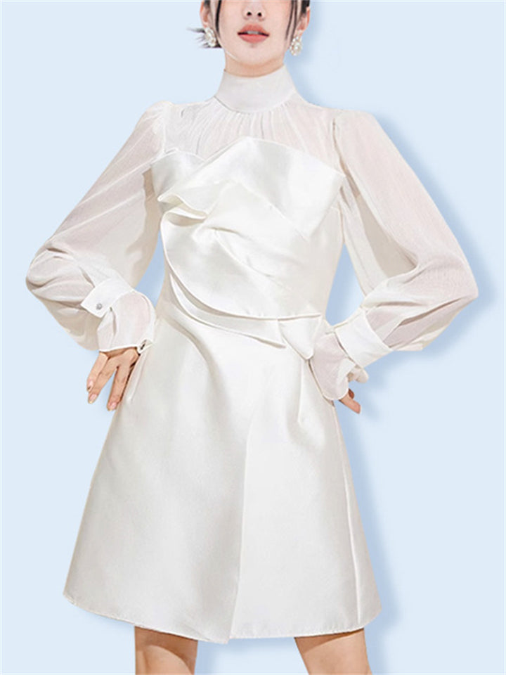 Women's White Long Sleeve Semi High Neck Patchwork Dress