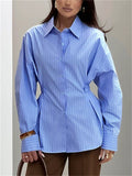 Women's Striped Cinched Waist Design Long Sleeve Blouses
