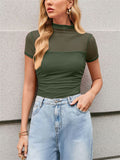 Women's Sexy Solid Color Mesh Patchwork High Neck Shirts