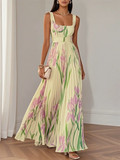 ‌Women's Summer Elegant Floral Print Pleated Square Neck Maxi Dress‌