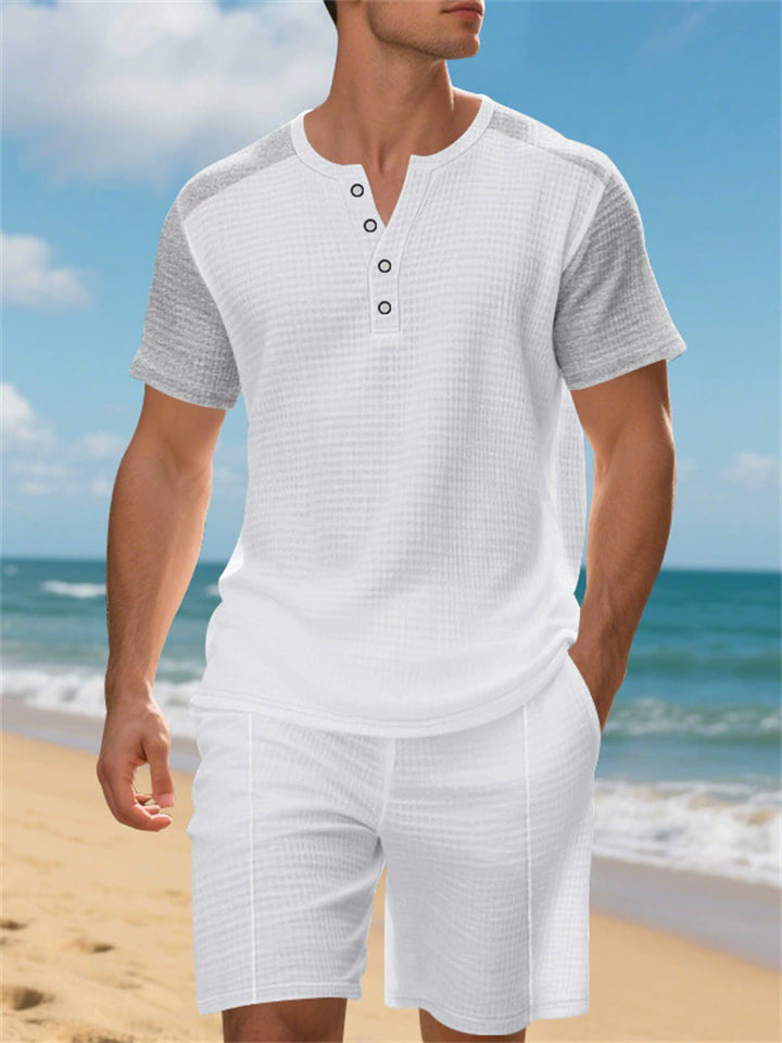 Men's Casual Waffle Contrast Color Comfy Beach Henry Shirt & Shorts Set