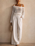 Women 2 Piece Crochet Top and Wide Leg Beach Pants Set