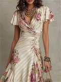 Women Floral Satin Ruched V Neck Short Sleeve Cocktail Dress