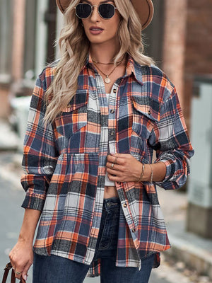 Women's Casual Contrast Color Plaid Lapel Long Sleeve Blouses