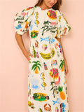 Female Cartoon Seafood Fruit Print Puff Sleeve Midi Dress