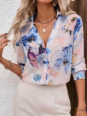 Women's Summer Printed V Neck Button Up Half Sleeve Blouses