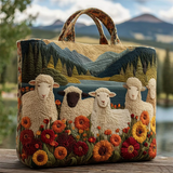 Sheep Floral Landscape Pattern Quilted Tote Bag