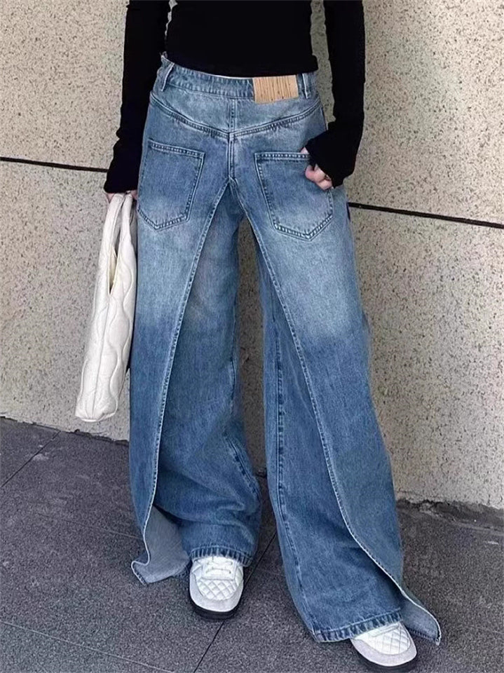 American Street Fake Two Piece Design Wide Leg Demin Pants for Women