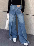 American Street Fake Two Piece Design Wide Leg Demin Pants for Women