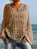 Plus Size Women's Loose Casual Solid Color Hollow Long-sleeved Sweaters