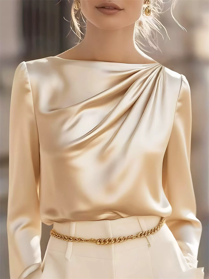 ‌Women's Elegant Champagne Sabrina Neck Satin Ruched Long Sleeve Blouse‌s